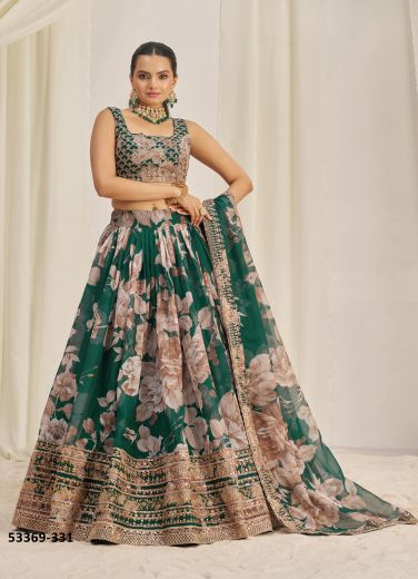 Teal Green & Brown Organza Digitally Floral Printed Party-Wear Lehenga Choli