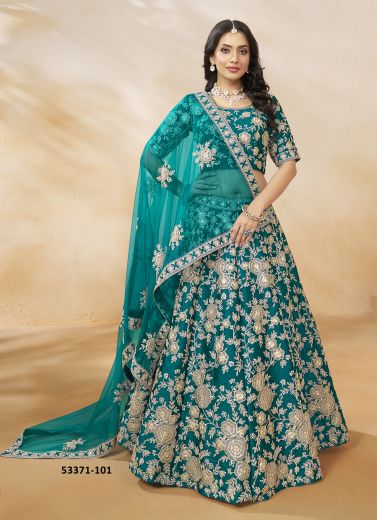 Teal Blue Art Silk Embroidered Party-Wear Readymade Lehenga Choli