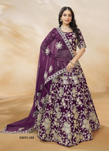 Dark Purple Art Silk Embroidered Party-Wear Readymade Lehenga Choli