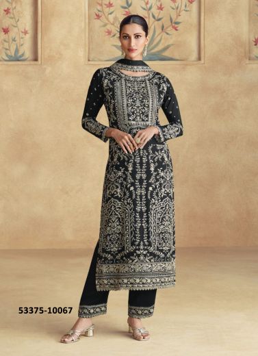 Black Chinon Silk Embroidered Festive-Wear Pant-Bottom Readymade Salwar Kameez