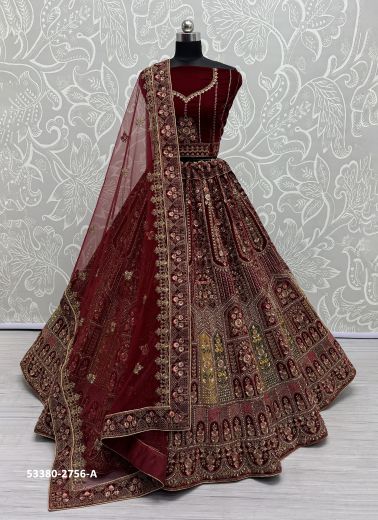 Maroon Velvet Handworked Wedding-Wear Bridal Lehenga Choli