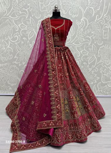 Wine Red Velvet Handworked Wedding-Wear Bridal Lehenga Choli