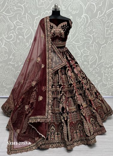 Dark Maroon Velvet Handworked Wedding-Wear Bridal Lehenga Choli [With Double Dupatta]