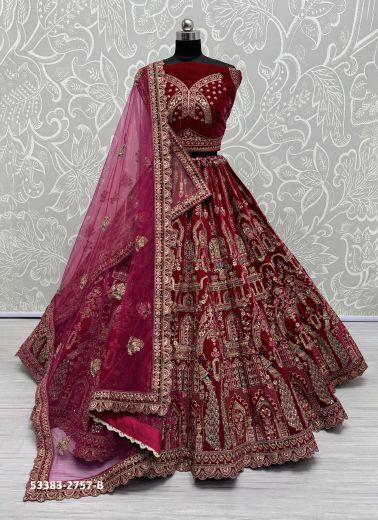 Wine Red Velvet Handworked Wedding-Wear Bridal Lehenga Choli [With Double Dupatta]