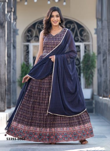 Navy Blue Dola Silk Digitally Printed Party-Wear Readymade Gown With Dupatta