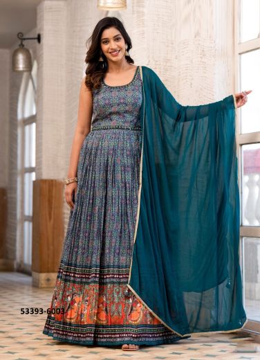 Blue Dola Silk Digitally Printed Party-Wear Readymade Gown With Dupatta