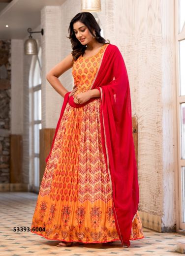 Orange Dola Silk Digitally Printed Party-Wear Readymade Gown With Dupatta