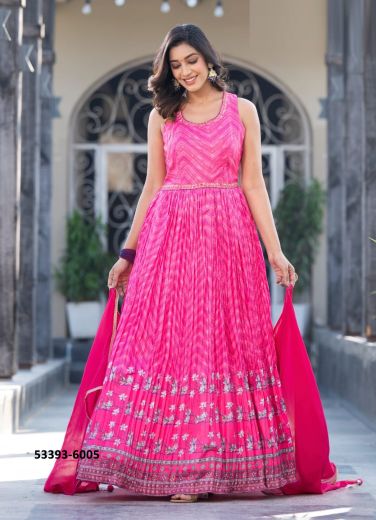 Magenta Dola Silk Digitally Printed Party-Wear Readymade Gown With Dupatta