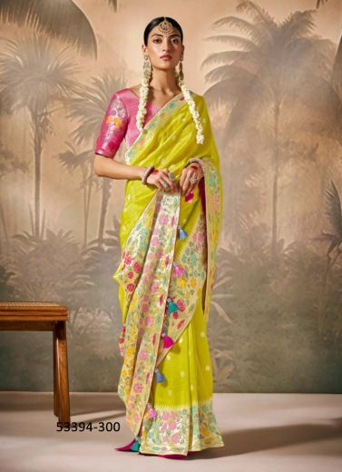 Lime Yellow Woven Wedding-Wear Banarasi Silk Saree