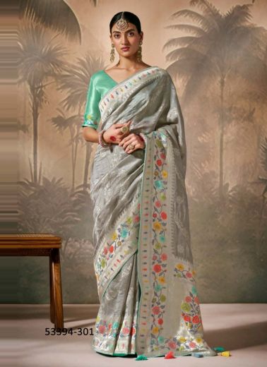 Gray Woven Wedding-Wear Banarasi Silk Saree