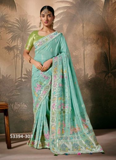 Aqua Woven Wedding-Wear Banarasi Silk Saree