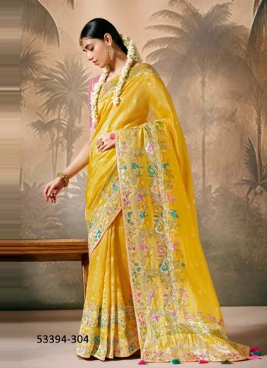 Yellow Woven Wedding-Wear Banarasi Silk Saree