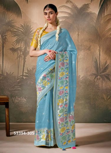 Sky Blue Woven Wedding-Wear Banarasi Silk Saree