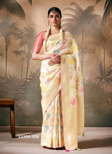 Bone White Woven Wedding-Wear Banarasi Silk Saree