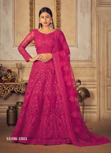 Dark Pink Net With Banglori Silk Embroidered Wedding-Wear Reception Lehenga Choli [With Can-Can]