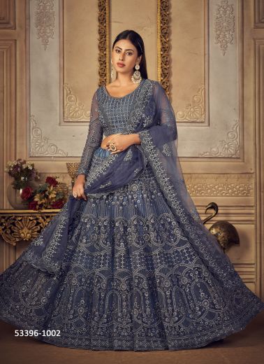 Dark Blue Net With Banglori Silk Embroidered Wedding-Wear Reception Lehenga Choli [With Can-Can]