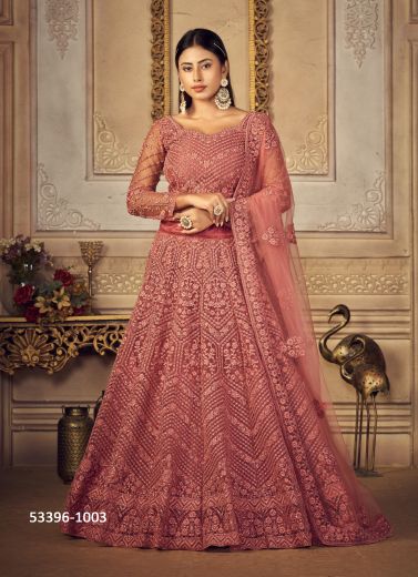 Salmon Net With Banglori Silk Embroidered Wedding-Wear Reception Lehenga Choli [With Can-Can]