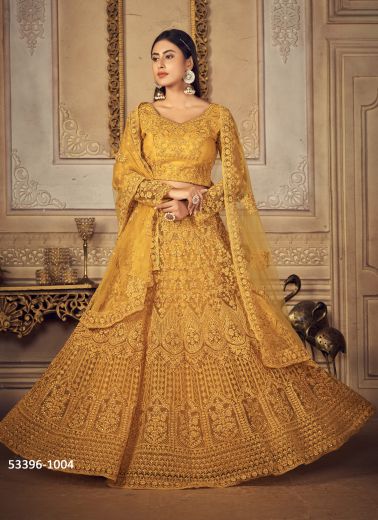 Yellow Net With Banglori Silk Embroidered Wedding-Wear Reception Lehenga Choli [With Can-Can]