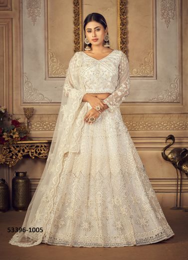 White Net With Banglori Silk Embroidered Wedding-Wear Reception Lehenga Choli [With Can-Can]