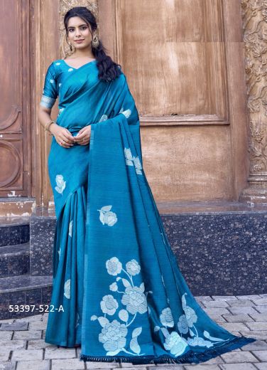 Sea Blue Cotton Doriya Thread-Work Party-Wear Handloom Saree