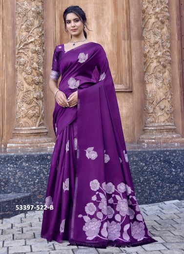 Dark Violet Cotton Doriya Thread-Work Party-Wear Handloom Saree