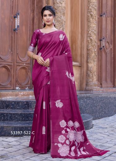 Wine Red Cotton Doriya Thread-Work Party-Wear Handloom Saree