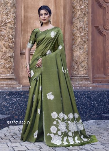 Olive Green Cotton Doriya Thread-Work Party-Wear Handloom Saree