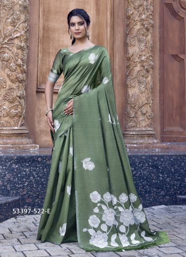 Sage Green Cotton Doriya Thread-Work Party-Wear Handloom Saree