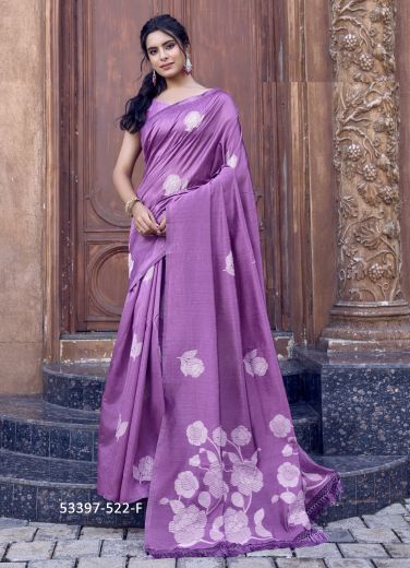 Lilac Cotton Doriya Thread-Work Party-Wear Handloom Saree