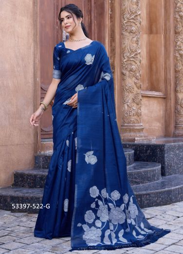 Blue Cotton Doriya Thread-Work Party-Wear Handloom Saree