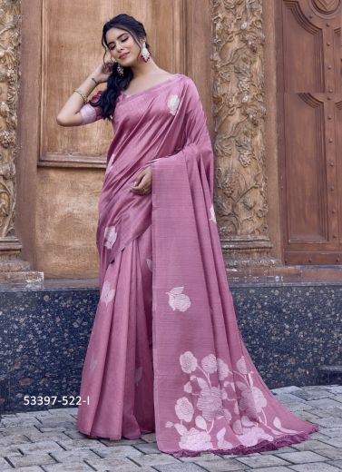 Light Mauve Cotton Doriya Thread-Work Party-Wear Handloom Saree