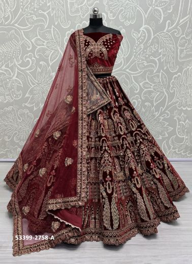 Dark Maroon Velvet Handworked Wedding-Wear Bridal Lehenga Choli [With Double Dupatta]