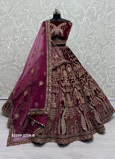 Dark Purple Velvet Handworked Wedding-Wear Bridal Lehenga Choli [With Double Dupatta]