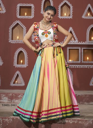 Multicolored Poly Maska Silk Gamthi Work Navratri-Wear Readymade Lehenga Choli With Shrug