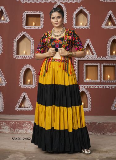 Multicolored Viscose Rayon Gamthi Work Navratri-Wear Readymade Lehenga Choli With Shrug