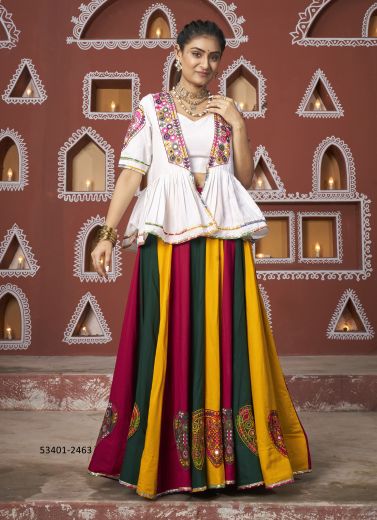 Multicolored Viscose Rayon Gamthi Work Navratri-Wear Readymade Lehenga Choli With Shrug