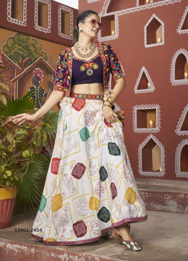 Multicolored Poly Maska Silk Gamthi Work Navratri-Wear Readymade Lehenga Choli With Shrug