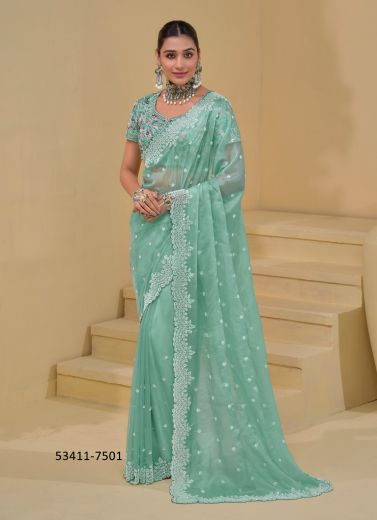 Light Aqua Banarasi Handworked Wedding-Wear Bridal Saree