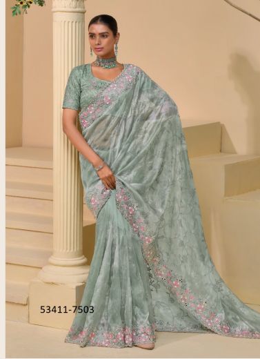 Light Sage Blue Silk Handworked Wedding-Wear Bridal Saree