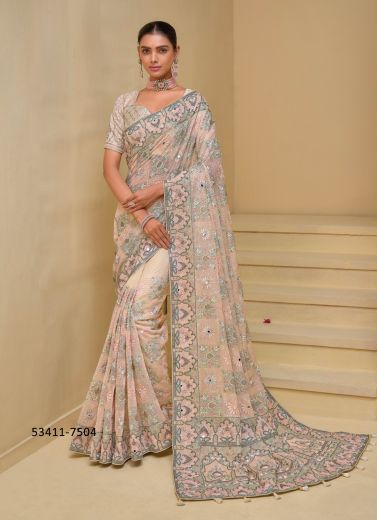 Peach Banarasi Handworked Wedding-Wear Bridal Saree