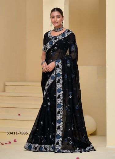 Black Banarasi Handworked Wedding-Wear Bridal Saree