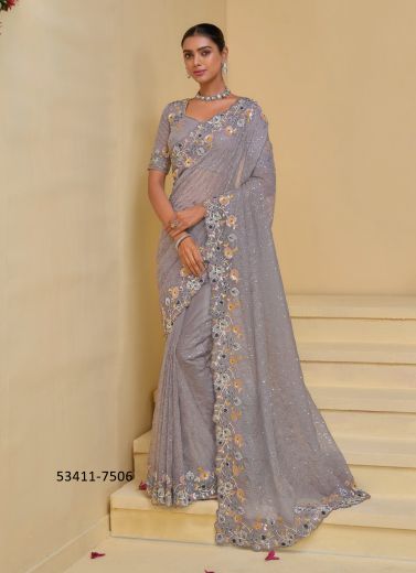 Light Lilac Banarasi Handworked Wedding-Wear Bridal Saree