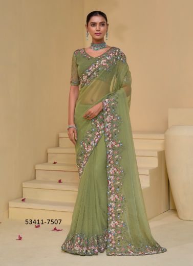 Light Olive Green Banarasi Handworked Wedding-Wear Bridal Saree