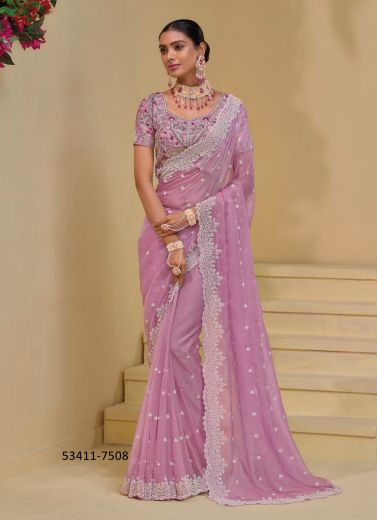 Lilac Banarasi Handworked Wedding-Wear Bridal Saree