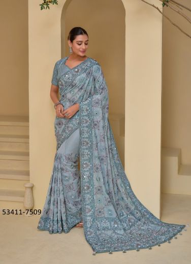 Light Blue Banarasi Handworked Wedding-Wear Bridal Saree