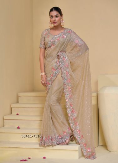 Beige Banarasi Handworked Wedding-Wear Bridal Saree