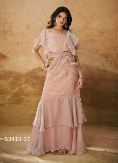 Light Pink Organza Party-Wear Ready-To-Wear Saree