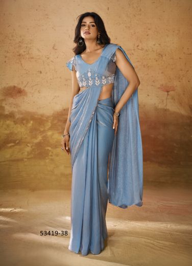 Blue Organza Party-Wear Ready-To-Wear Saree