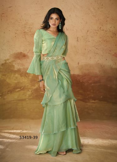 Light Green Organza Party-Wear Ready-To-Wear Saree