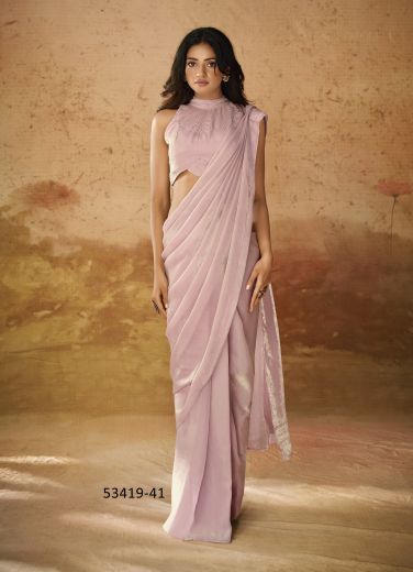 Light Pink Organza Party-Wear Ready-To-Wear Saree